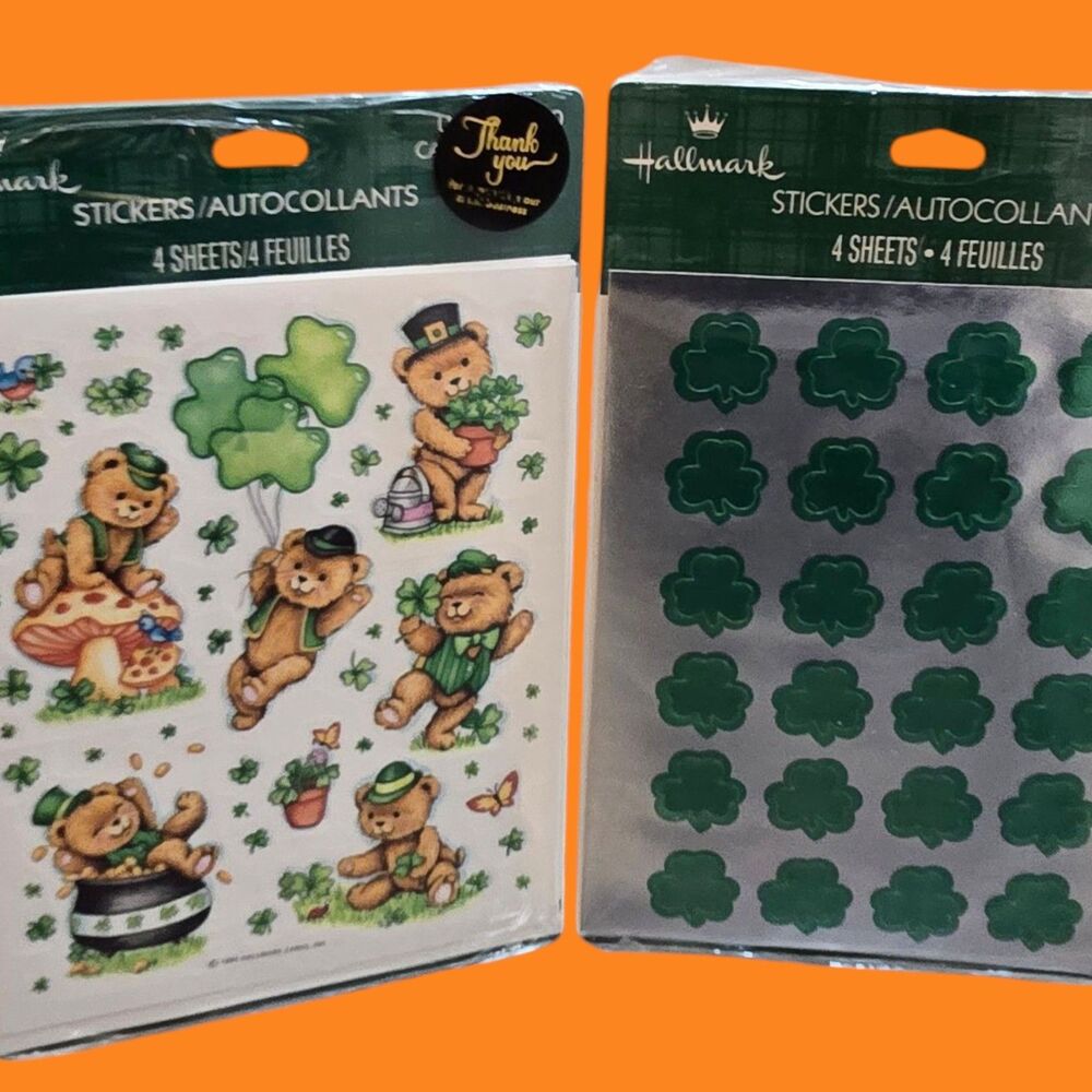 Hallmark 1995 St. Patricks Leprechaun Bears Lucky Shamrock Vintage Foil Stickers